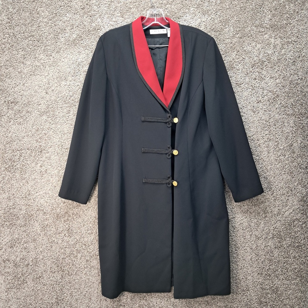 Vintage Chaus Women Black Red Shawl Collar Frog Closure Long Blazer Size 14